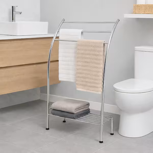 Porte-serviettes double bras en acier inoxydable moderne, support de comptoir, organisateur de salle de bain, compact, durable, structure minimaliste et élégante - Product Image 3