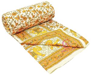 Jaipuri Cotton <b>Quilt</b> | Mustard Yellow Orange Floral Elephant Print | Lightweight <b>Single</b> Bed Razai | All-Season Organic - Product Image 4