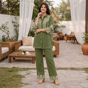 Ensemble en coton brodé vert pour femmes, manches trois quarts, coupe ample, pantalon long, tenue décontractée printemps-été - Product Image 2