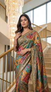 Sari en soie imprimé Ajarakh avec broderie miroir et bordure passepoilée, réversible, longueur ras du sol, coupe classique, robe ethnique pour femme pour mariage - Product Image 4