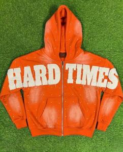 Sudadera con Capucha Hard Times Bordada con Pedrería para Hombre, Naranja, Estilo Urbano, Corte Holgado, Transpirable, de Algodón French Terry - Product Image 1