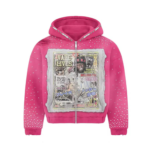 Sudadera con capucha extragrande de invierno personalizada para hombre, con cremallera, lavado ácido, estilo urbano, con apliques, bordados y pedrería. - Product Image 3