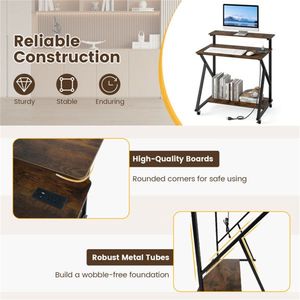 <b>Rustic</b> Brown 32\" Rolling Computer <b>Desk</b> with Power Strip & Monitor Stand Mobile Office Solution - Product Image 4