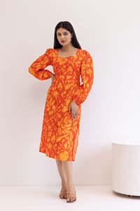 Robe midi à imprimé floral avec manches bouffantes, col carré, silhouette fourreau, robe décontractée d'été en polyester tissé ajustée - Product Image 2