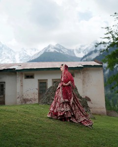 Pakistani Classic Wedding Gown Red Embroidered Crystal Beaded <b>Floor</b>-Length A-Line Silhouette Natural Waistline Long Sleeves <b>Boat</b> - Product Image 3