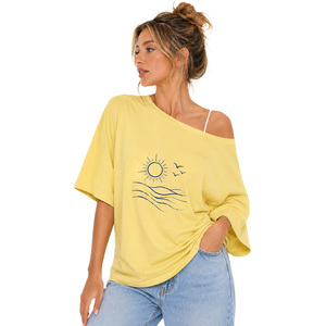 Casual Beach Oversized Wide Neck Yellow Grey Off Shoulder women's shirt Custom Graphic Cotton Tee Embroidered logo Resortwear - Product Image 1