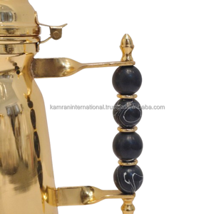 Cafetera Árabe Clásica Chapada en Oro, Dallah de Latón Resistente, Tradicional de Oriente Medio, con Asa de Mármol Negro con Cuentas, 1L, con Tapa - Product Image 3