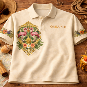 Men’s <b>Tropical</b> Flamingo Polo <b>Shirt</b> – Vintage Pineapple Crest Casual Polo Tee - Product Image 1