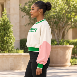 Wholesale Greek Alpha | Kapa | Alpha | Sorority <b>Clothing</b> <b>Women</b>’s Embroidered Color Block Crop Sweatshirt Top - Product Image 3