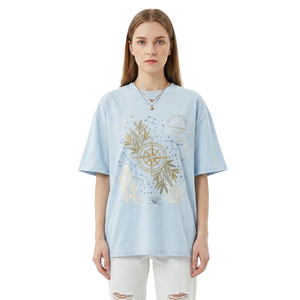 Oversized Light Blue Graphic T-Shirt Casual Dropshoulder Crewneck 100% Cotton Tee Vintage Compass Custom Printed Women's Shirts - Product Image 1