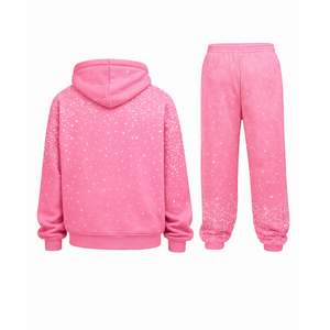 Conjunto de chándal rosa con pedrería para hombre, sudadera con capucha y pantalones deportivos con cremallera, ropa informal brillante para gimnasio, conjunto de moda - Product Image 3