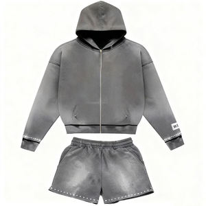 OEM 2026 Men's Custom Screen Printed Tracksuit <b>Set</b>, Full-Zip Hoodie and Shorts Two-Piece, Streetwear Hip-Hop Style Outfit - Product Image 5