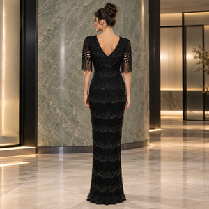 Elegant Jet Black Beaded Evening Gown | Plunging V Neck 3/4 Fringe Sleeves <b>Art</b> <b>Deco</b> Embellished Fitted Floor Length Formal <b>Dress</b> - Product Image 4