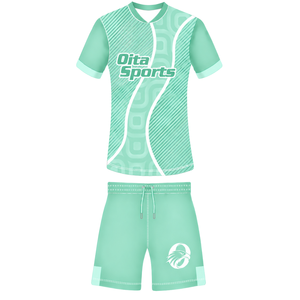 Conjunto de Camiseta y Pantalones Cortos de Rugby Verde Menta y Blanco, Cuello en V, Diseño Geométrico, Uniforme de Equipo Personalizado, Transpirable, para Entrenamiento Deportivo - Product Image 1