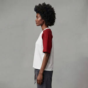 <b>High</b> Quality Women's V-Neck Raglan Sleeve T-Shirt White <b>Red</b> Cotton Logo Printed Casual Loose Fit All Seasons Wear - Product Image 6