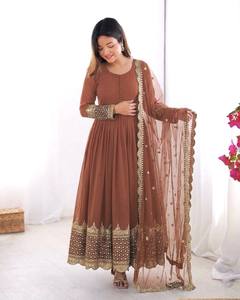 Premium Faux Georgette Anarkali Gown With Heavy <b>Net</b> Dupatta Embroidered Sequins Full Sleeves Festive Ethnic Wear Set - Product Image 3