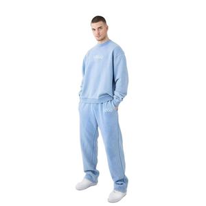 Sweat-shirt à col rond bleu clair uni pour homme avec logo personnalisé et pantalon de survêtement assorti, ensemble de survêtement OEM ODM, vêtements en gros - Product Image 4