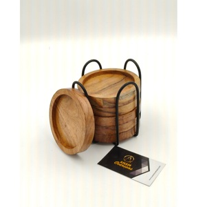 Ensemble de dessous-de-verre ronds en bois d'acacia naturel, design moderne, séchage rapide, avec support en métal pour table à manger - Product Image 3