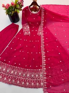 Women's <b>Red</b> Embroidered <b>Lehenga</b> Set With Gold Border Traditional Indian Pakistani Wedding Wear Floor-Length Loose Fit - Product Image 4