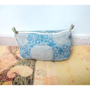 Indian Kantha Hand Block Print Cotton Cosmetic Bag Set with Tassel Zipper Closure Vintage Style-Women's Travel Makeup Pouch - Product Image 5