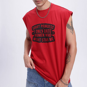 T-shirt sans manches pour homme en jersey de coton rouge à col rond avec imprimé lettres, coupe classique, style décontracté, logo frontal - Product Image 4