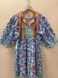 Elegant Boho <b>White</b> Pink Floral Handcrafted Cotton Midi Dress with Tie Neck and Ethnic Print Casual Dress For Women - Product Image 4