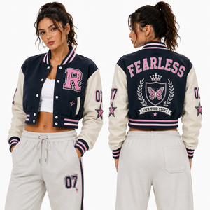 Chaqueta Letterman Corta Personalizada para Mujer, Cuerpo de Lana, Mangas de Cuero con Cierre de Botones, Estilo Bomber, Marca Privada, Logotipo Personalizado, Pedido al por Mayor - Product Image 5