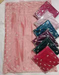 Saree en soie d'organza pur avec fil Zari paillettes travail pièce de chemisier long de style indien pour les femmes pour les mariages et les fêtes. - Product Image 1