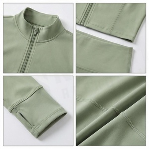 2 Piece Yoga Set Solid Green Full Sleeve Crop <b>Top</b> High Waist Leggings Zipper Front <b>Sweat</b> Wicking Breathable Sportswear - Product Image 4