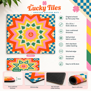 سجادة ماجونغ أمريكية أصلية بتصميم The Lucky Tiles مقاس 33 بوصة، مصنوعة من النيوبرين، سجادة طاولة ألعاب مطبوعة حسب الطلب بتصميم هندسي عتيق. - Product Image 6