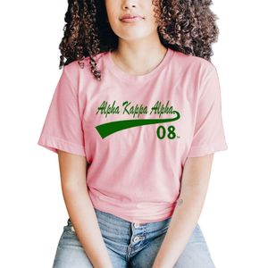 Camiseta de verano de ajuste holgado con estampado de hoja de hiedra 08 y letras griegas, de manga corta, informal, para mujer, ropa de hermandad, color rosa. - Product Image 1