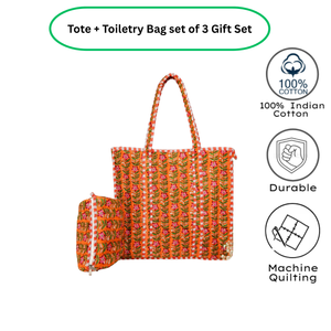 Tote + Toiletry <b>Bag</b> Set 3 Orange Floral Jaipur Zipper Machine Quilted Sustainable Handmade Cotton Summer Shopping Gift Set - Product Image 3