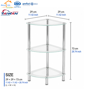 Fabriqué à Taïwan, étagère d'angle en verre trempé à 3 niveaux, support de rangement pour salle de bain avec tubes chromés, ISO9001 - Product Image 2