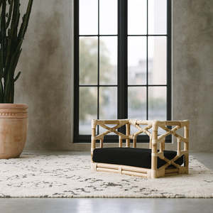 Canapé-lit pour chien en rotin à motif géométrique en treillis, lit de repos moderne en cannage pour animaux de compagnie avec coussin noir, ensemble de meubles de luxe en osier pour animaux - Product Image 5