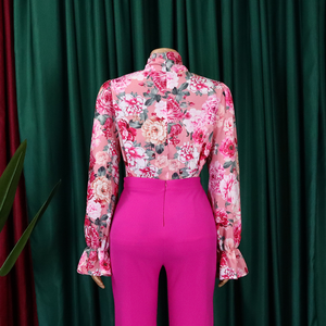 Women Floral Print Satin Blouse With Mandarin Collar Balloon Sleeve Wrap Tie <b>Top</b> Spring Summer Party Wear Plus Size Dress Custom - Product Image 6