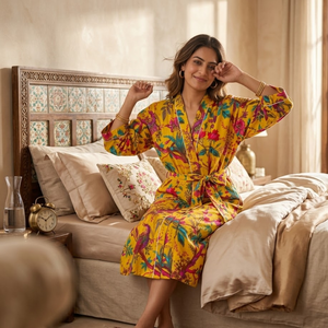 Robe kimono en coton bleu turquoise style bohème |   Robe de chambre à manches longues et col en V pour femme |   Robe longue avec cordon de serrage et poche avant, modèle maître - Product Image 5