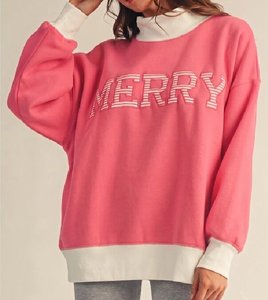 Sudadera Rosa Oversize con Letras, Unisex, Casual, con Cuello Alto y Puños Blancos - Product Image 1