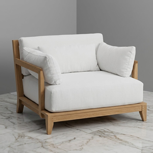 Fauteuil de salon d'extérieur en teck, style moderne du milieu du siècle, avec structure en bois apparent, siège de canapé et ottoman assorti pour mobilier de jardin et de terrasse - Product Image 3