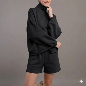 Conjunto de Top y Shorts de Cuello Alto para Mujer, para Uso Diario en Invierno, Cálido, Cómodo, Relajado y Elegante - Product Image 1