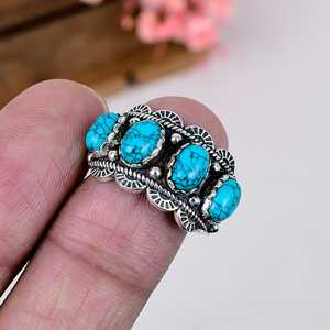 Tibetan Turquoise Band <b>Ring</b> Sterling <b>Silver</b> Vintage Style Boho Jewelry Handmade Gift for Her Everyday <b>Statement</b> <b>Ring</b> - Product Image 4