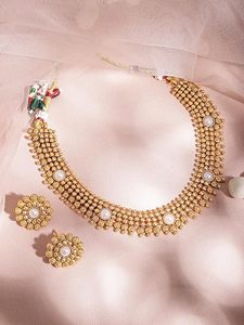 Gold Plated Imitation Pearl <b>Ruby</b> <b>Necklace</b> and Earring Set Flower Pattern Classic Wedding Jewelry Women's - Product Image 2