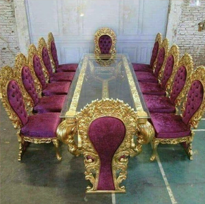 European champagne gold <b>dining</b> table <b>set</b> with pearl tufted leather <b>chairs</b> and carved legs, available at wholesale prices. - Product Image 3
