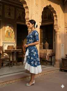 Robe d'été en coton à imprimé floral numérique bleu, taille naturelle, ourlet à volants, col en V, tenue ethnique bohème artisanale indienne pour femme - Product Image 6