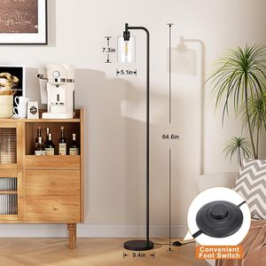 Lampe de sol LED industrielle avec abat-jour en verre, finition noire, montage facile et interrupteur à pédale - Product Image 5