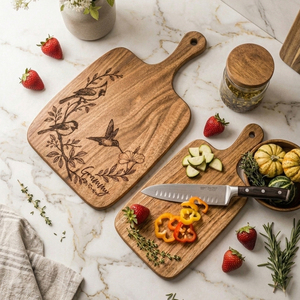 Superbe planche à découper en bois avec poignée, ornée de motifs délicats gravés au laser représentant des oiseaux et des fleurs, idéale pour couper les légumes. - Product Image 3