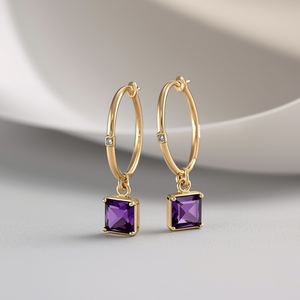 ต่างหูห่วงประดับพลอยสีม่วงทรงคุชชั่น ทองคำแท้ 14K ประดับเพชร เครื่องประดับชั้นดี สง่างาม เหมาะสำหรับใส่ทุกวัน - Product Image 2