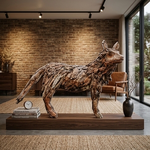 Handcrafted <b>wooden</b> wolf sculpture <b>rustic</b> teak driftwood animal statue looking right standing floor decoration frames spaces unit - Product Image 2