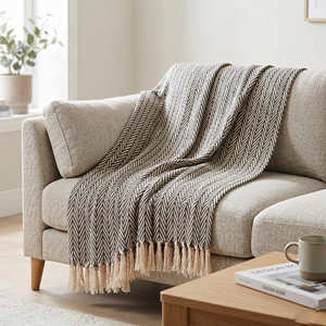 Neutral Two Tone Chevron Cotton Sofa Throw Minimalist <b>Woven</b> Decorative <b>Blanket</b> Everyday Cozy Decor - Product Image 2