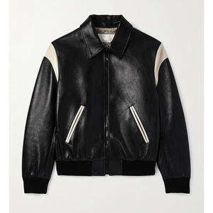 Men's Black PU <b>Leather</b> Waterproof Motorcycle <b>Jacket</b> Cream Shoulder Panels Zipper Closure Stand Collar Regular Fit 220g - Product Image 1