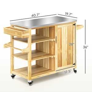Carrello da Cucina con Piano in Acciaio Inox e Legno Massello, Finitura in Legno Naturale, Isola da Cucina per Esterni su Ruote - Product Image 3